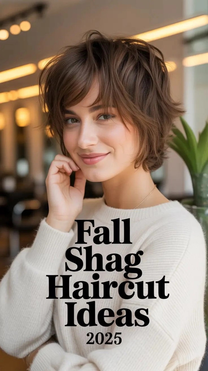 Casual weekend hairstyle featuring an easy-going shag cut Woman with effortless shag haircut styled for a relaxed weekend look