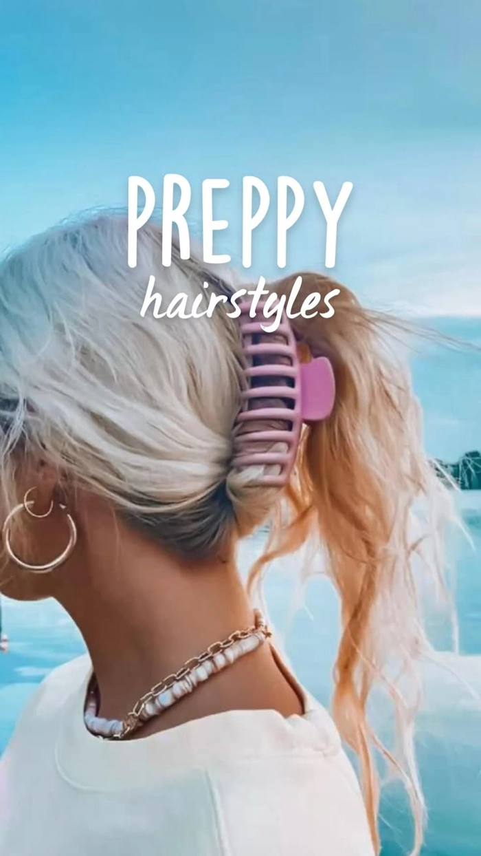 Woman wearing a simple barrette in her hair styled with a casual preppy outfit