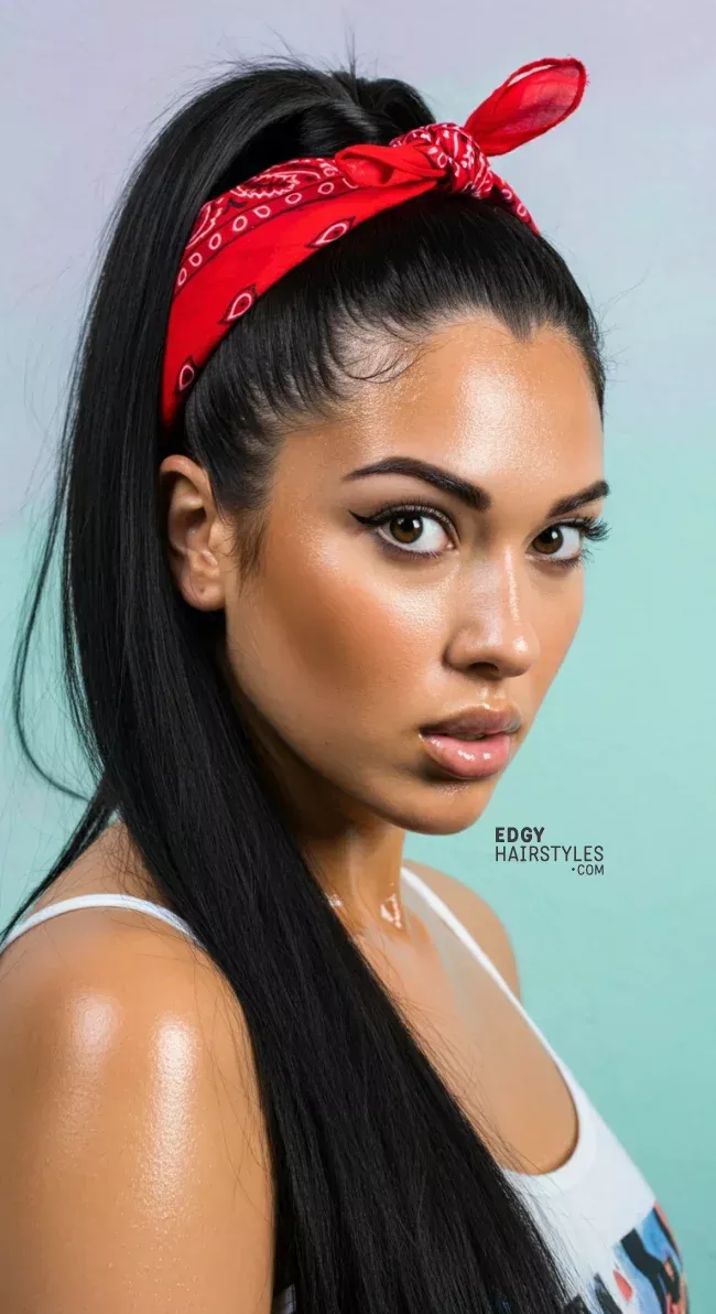 Effortless bandana ponytail hairstyle for a laid-back retro look Woman with quick bandana ponytail styles for retro casual vibes in a sunny outdoor setting