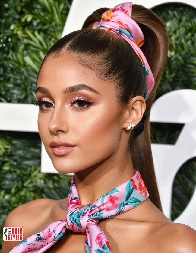 Effortless casual hairstyle with a vintage-inspired bandana ponytail Woman wearing a quick bandana ponytail style for a retro casual vibe