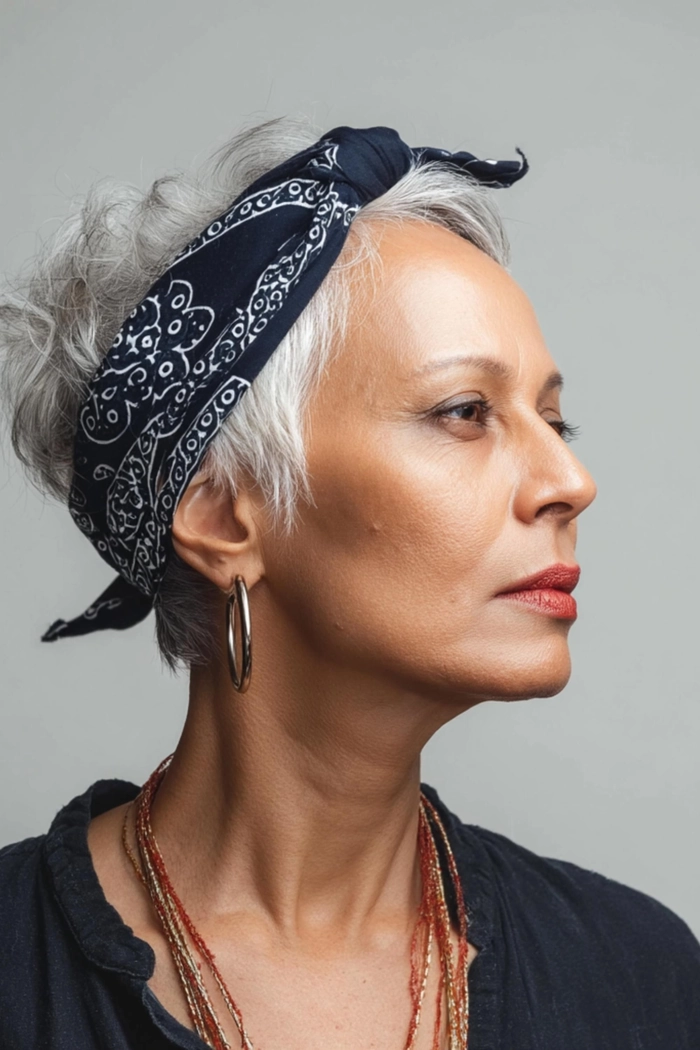 Effortless bandana hairstyle idea for casual and simple looks Woman wearing a red bandana styled with loose casual waves for a bad hair day