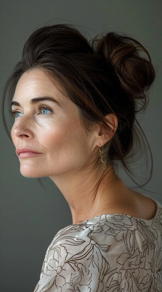 Woman with a relaxed low bun hairstyle suitable for women over 40 in a casual setting