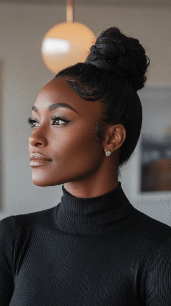 Woman with a relaxed low bun hairstyle ideal for women over 40 in a casual setting