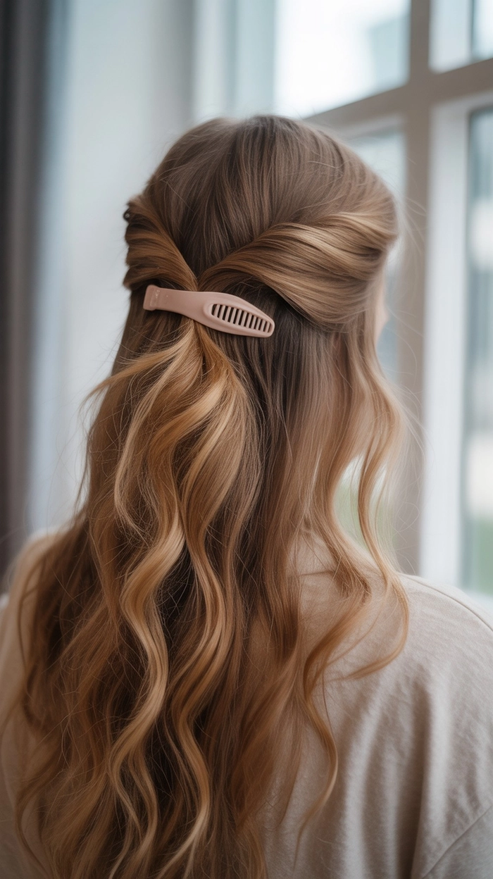 Casual hairstyle featuring a claw clip twist for medium length hair Woman with shoulder length hair using a simple claw clip twist hairstyle