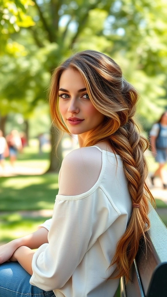 Woman with a relaxed loose side braid strolling through autumn leaves