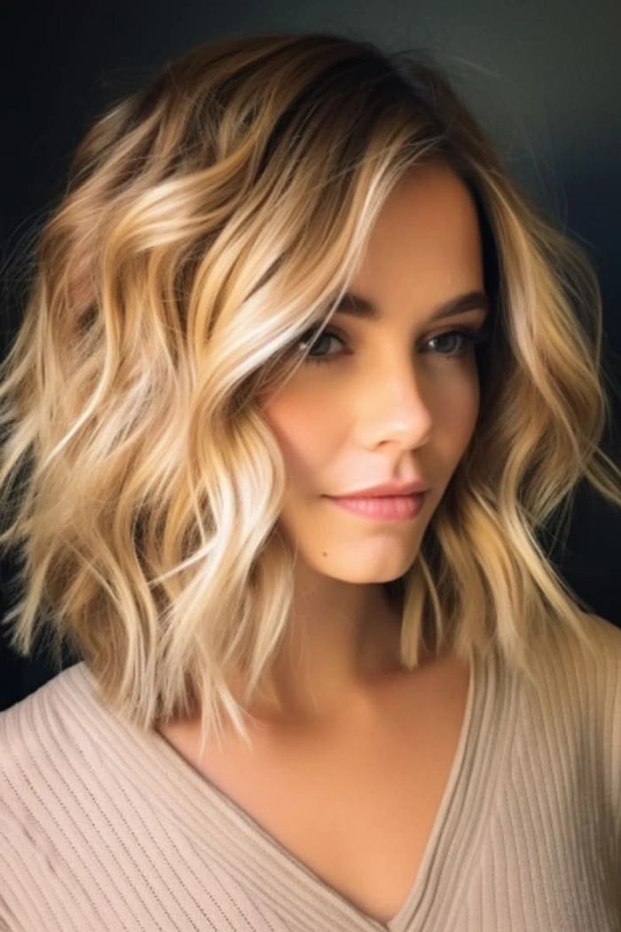 Woman with collarbone length hair styled in relaxed soft waves for a casual look