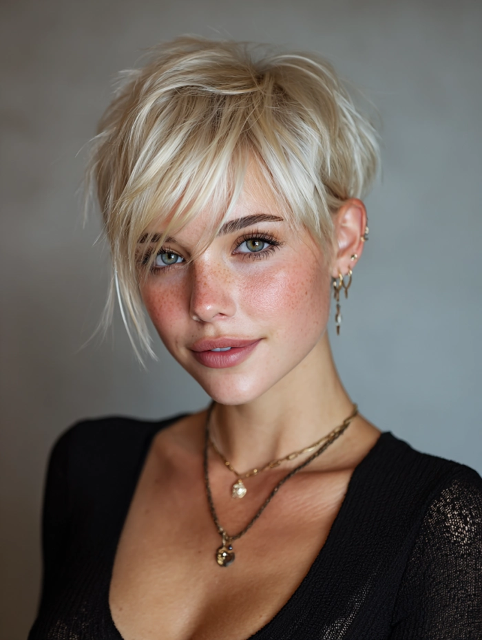 Edgy casual look with a textured pixie hairstyle for everyday wear Woman with effortless textured pixie haircut showcasing an edgy casual style