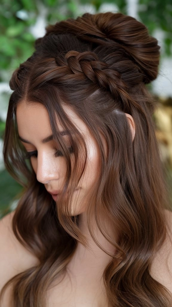 Woman with thick heavy hair styled in an everyday braid and bun combo
