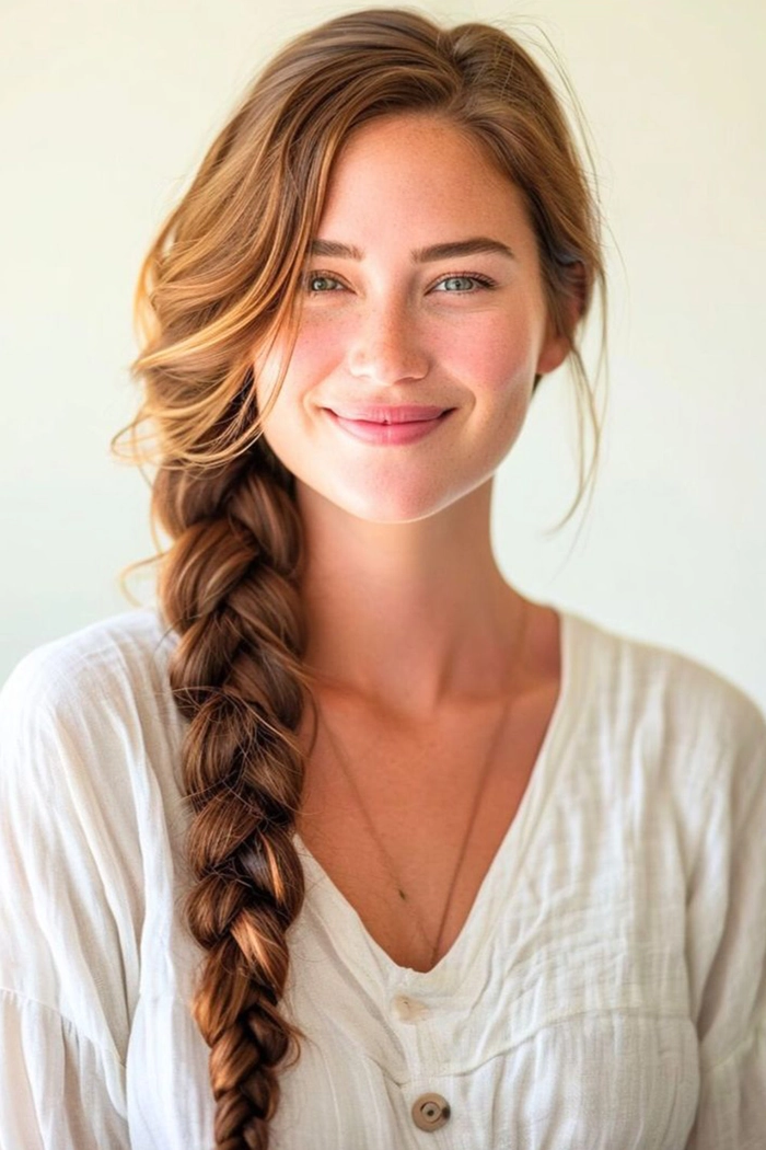 A woman with an effortless loose side braid walking through autumn leaves
