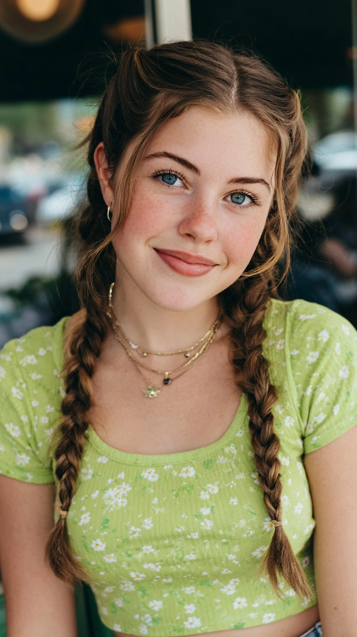 Young woman with casual pigtail braids showcasing a fresh and youthful everyday hairstyle