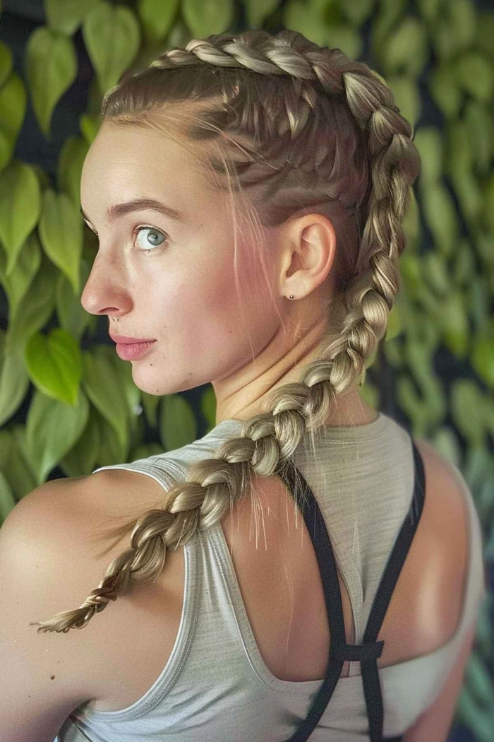 Casual double braids perfect for sporty and active days Young woman with casual double braids styled for athletic activities