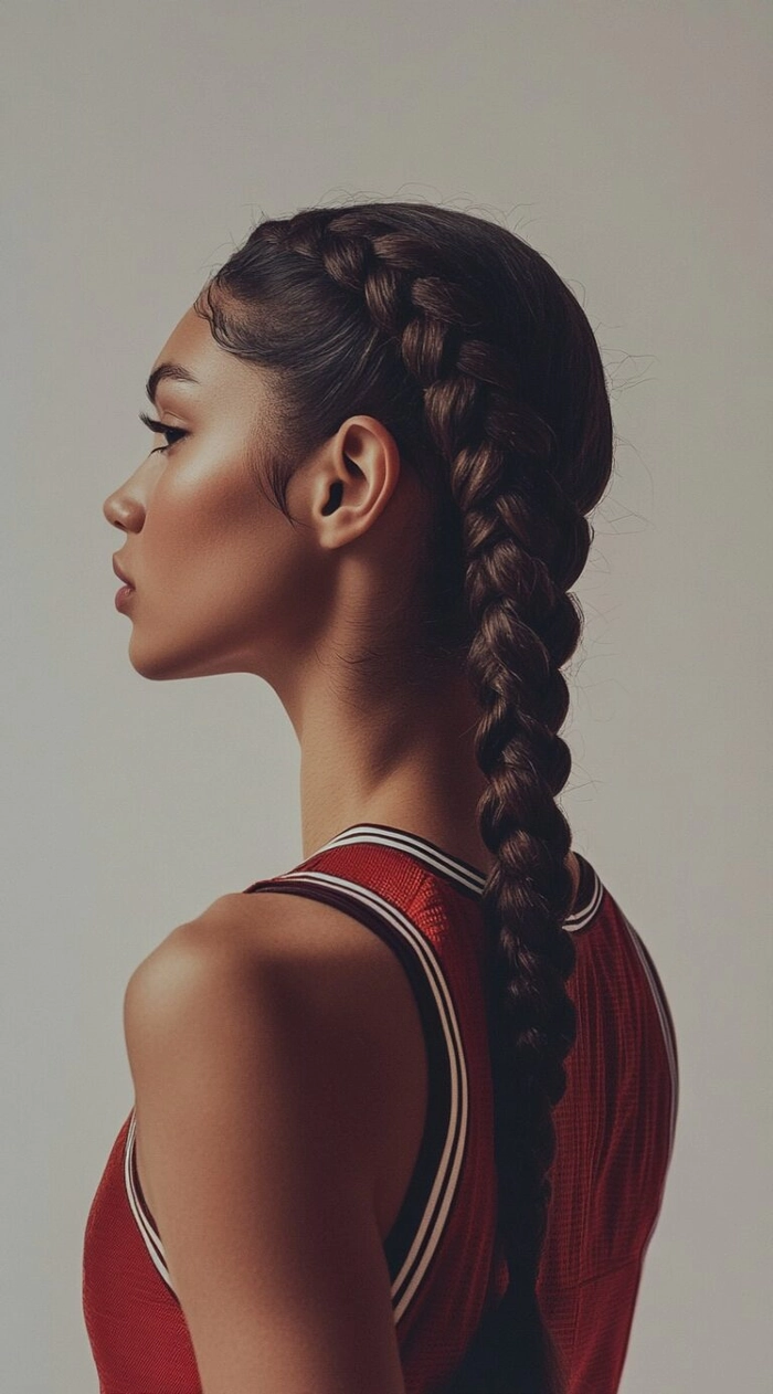 Casual double braids hairstyle perfect for athletic activities and comfort Young woman with casual double braids preparing for a workout session