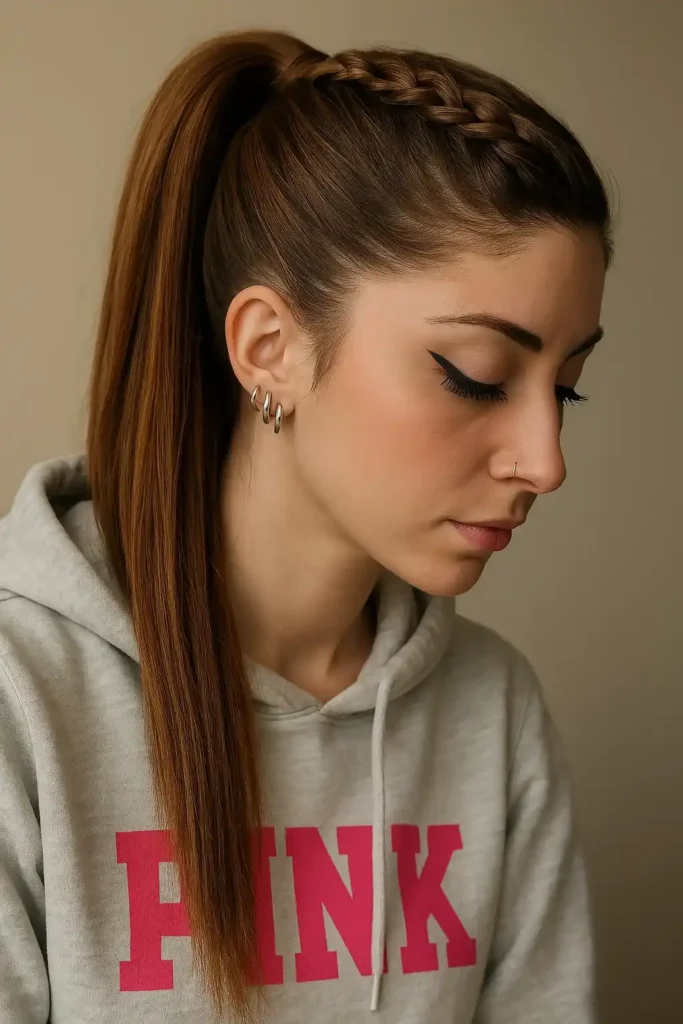 Casual double braids for athletic activities hairstyle inspiration Young woman with casual double braids practicing yoga outdoors