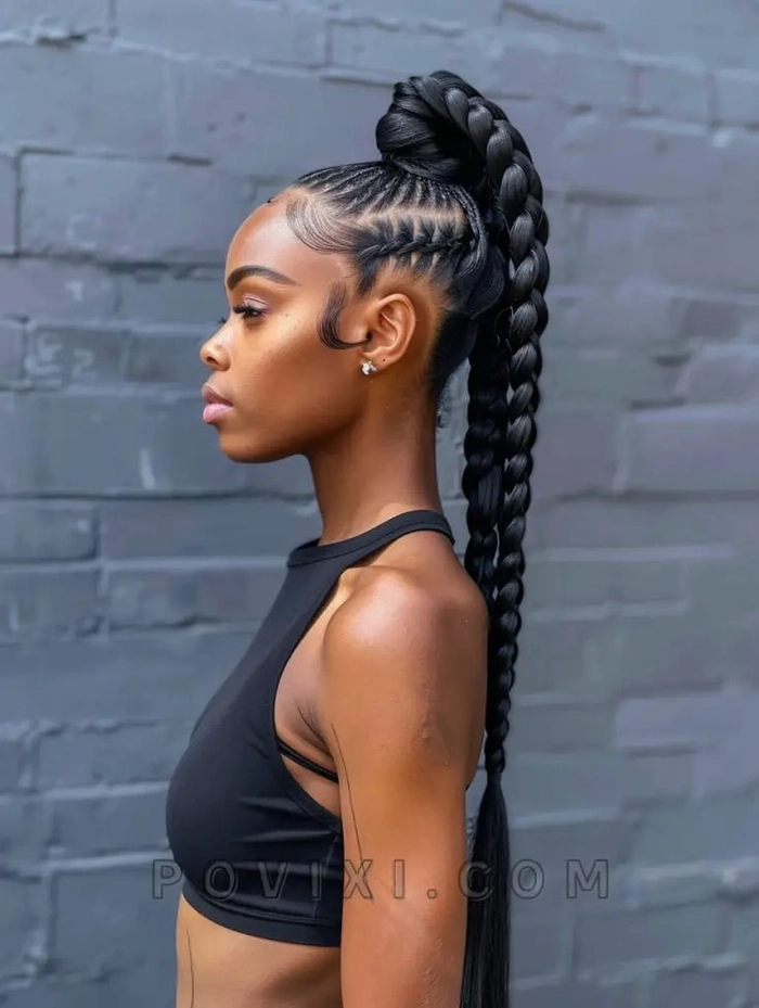 Young woman showing quick high ponytail variations for casual streetwear outdoors