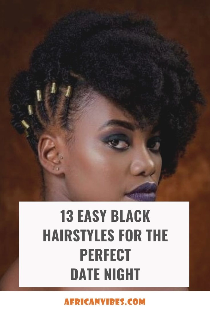 Black woman with natural curls styled in an elegant updo for a romantic date night look