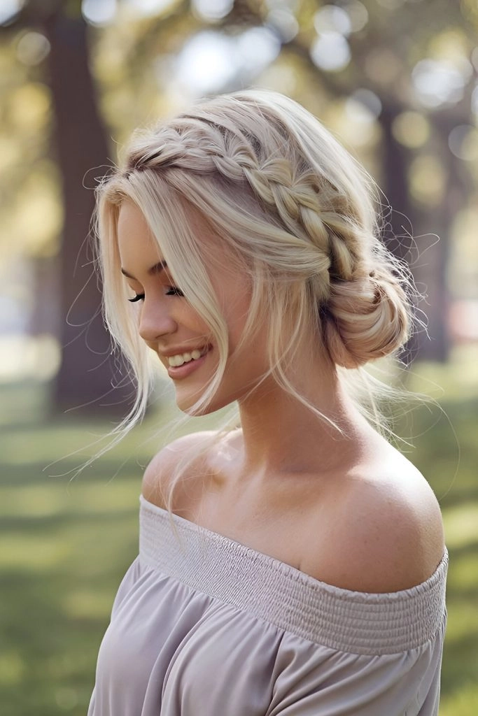 Boho braided crown hairstyle for romantic outdoor date nights A women wearing a boho chic braided crown hairstyle while smiling outdoors on a sunny date