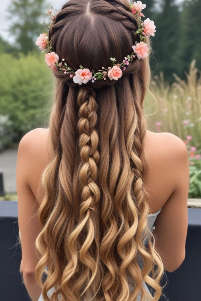 Boho braided crown for romantic outdoor dates Boho chic braided crown hairstyle worn on an outdoor date in a sunny park