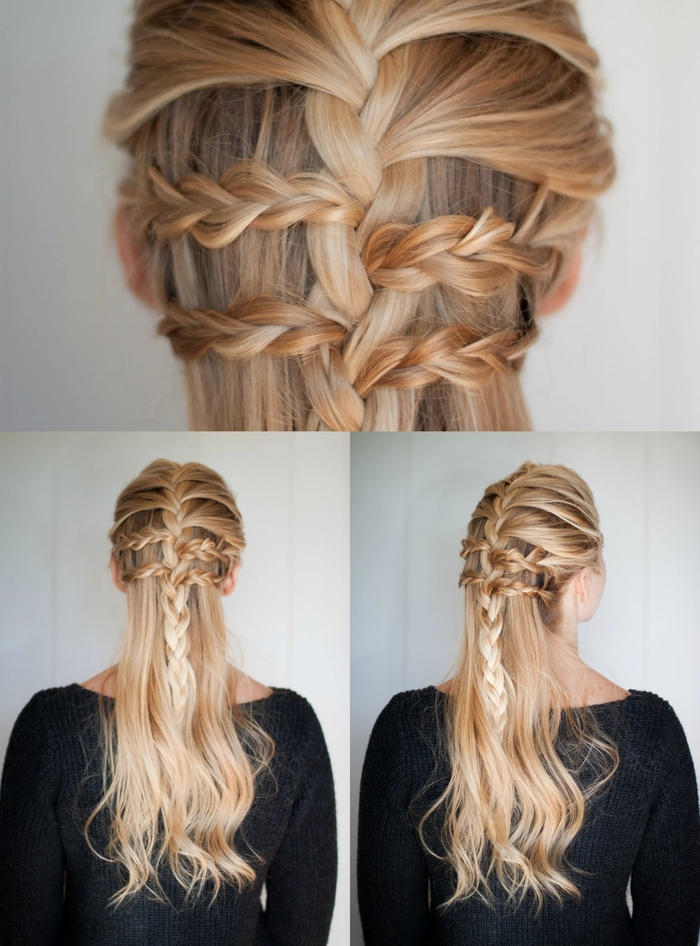 Braided ribbon weaving style for romantic date night hair Braided date night hairstyle with ribbon woven through the braid