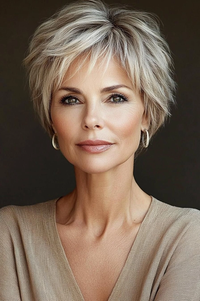 Short stylish date night hairstyle for women over 50 with short hair