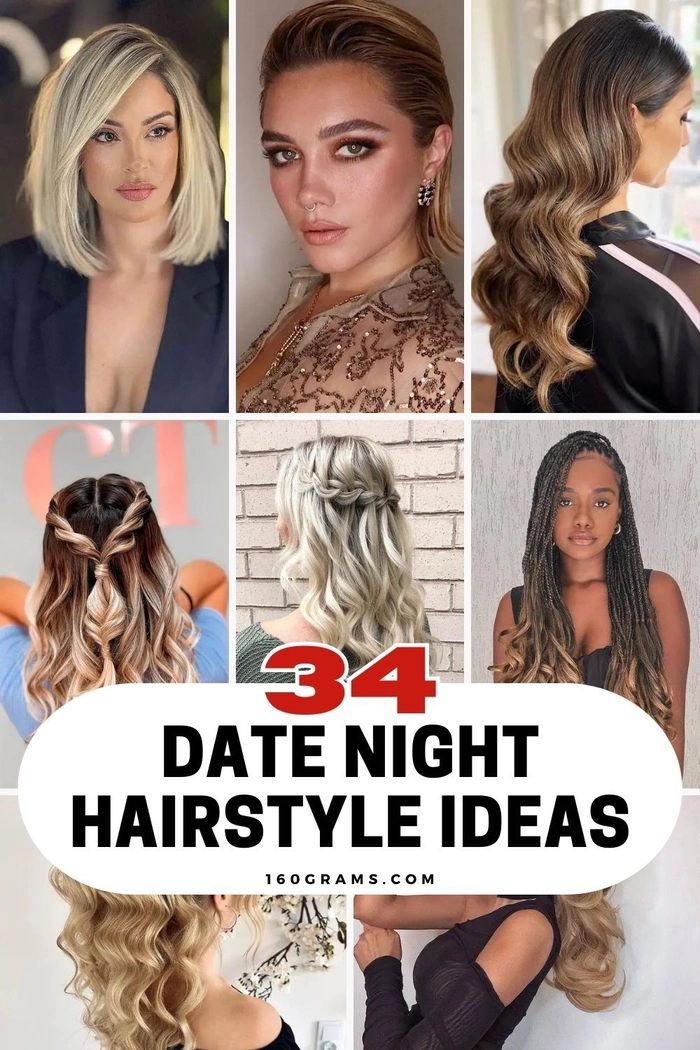 Romantic date night hairstyle for women with bangs featuring soft waves and a half-up twist