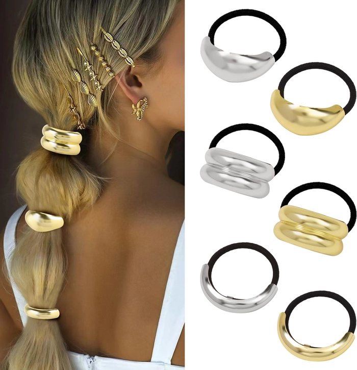 Elegant date night ponytail decorated with metallic hair cuffs