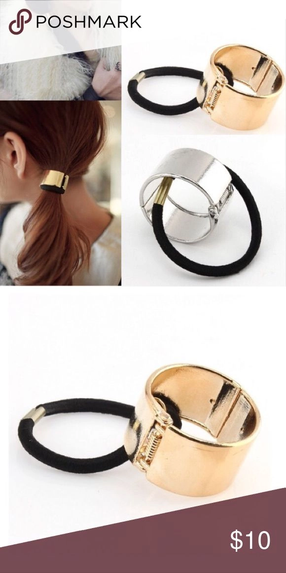 Elegant date night ponytail accented with metallic hair cuffs