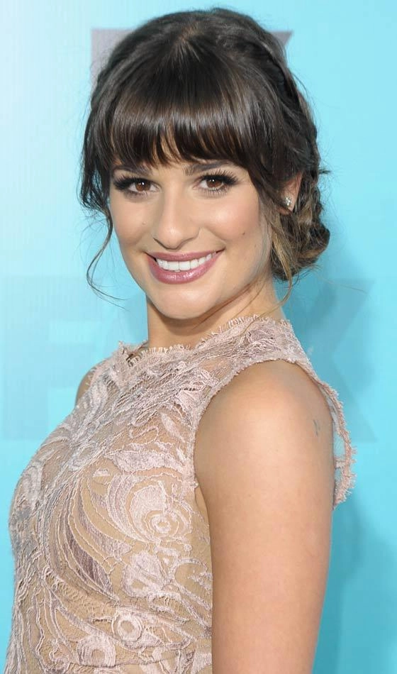 Date night updo hairstyle with micro bangs, elegantly styled for a romantic evening