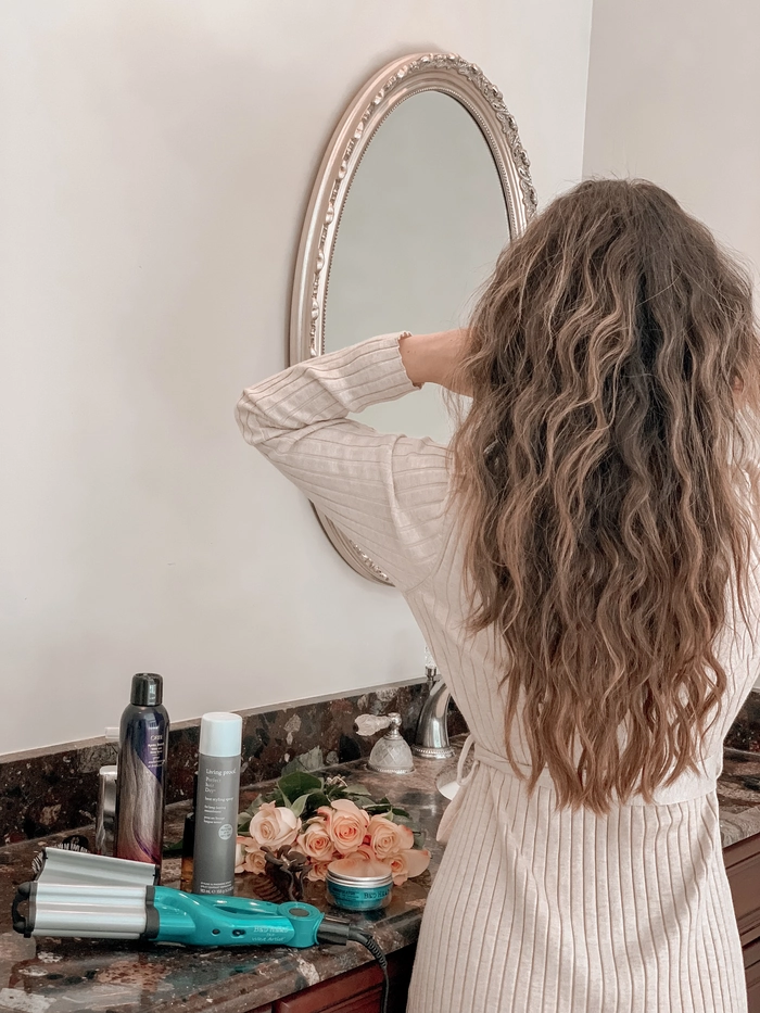 Effortless bedhead waves styled for a cozy date night movie at home
