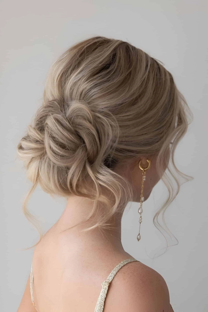 Elegant updo hairstyle for date night that softens a square jawline