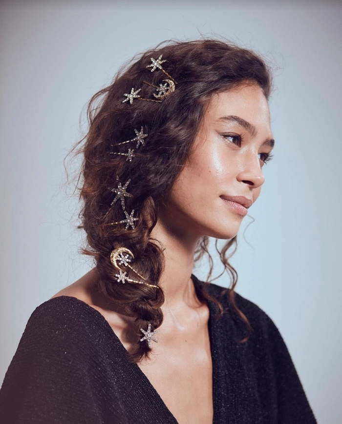 Date night updo featuring sparkling decorative bobby pins for a sophisticated evening look Elegant evening updo with decorative bobby pins for a romantic date night hairstyle