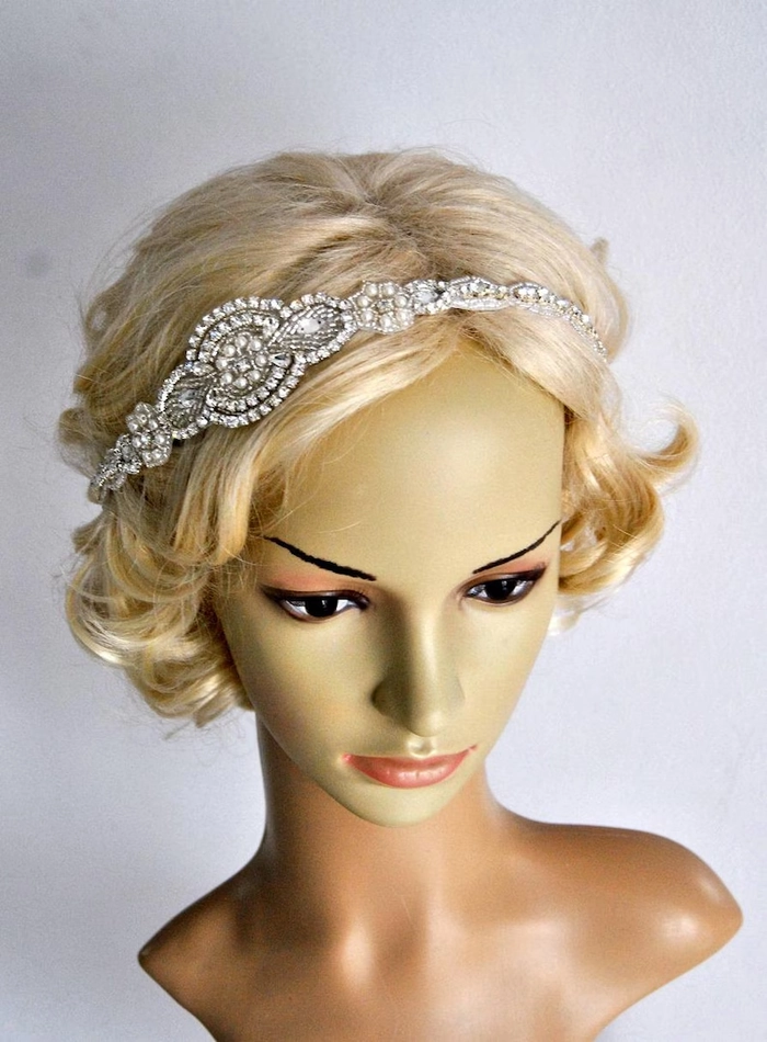 Elegant crystal headband adorning soft evening waves for a romantic date Evening waves hairstyle with crystal headband for a date night look