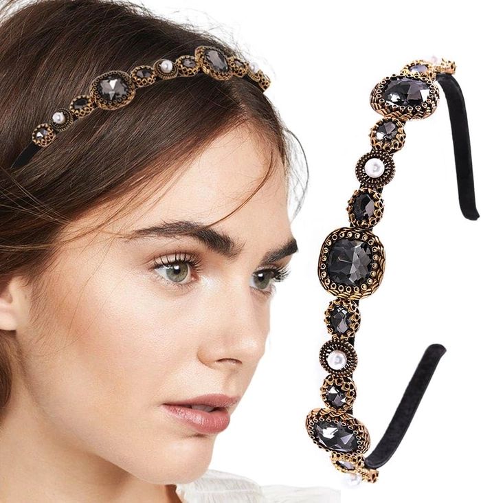 Glamorous evening waves featuring crystal headband accessories Evening waves adorned with crystal headbands for a date night hairstyle