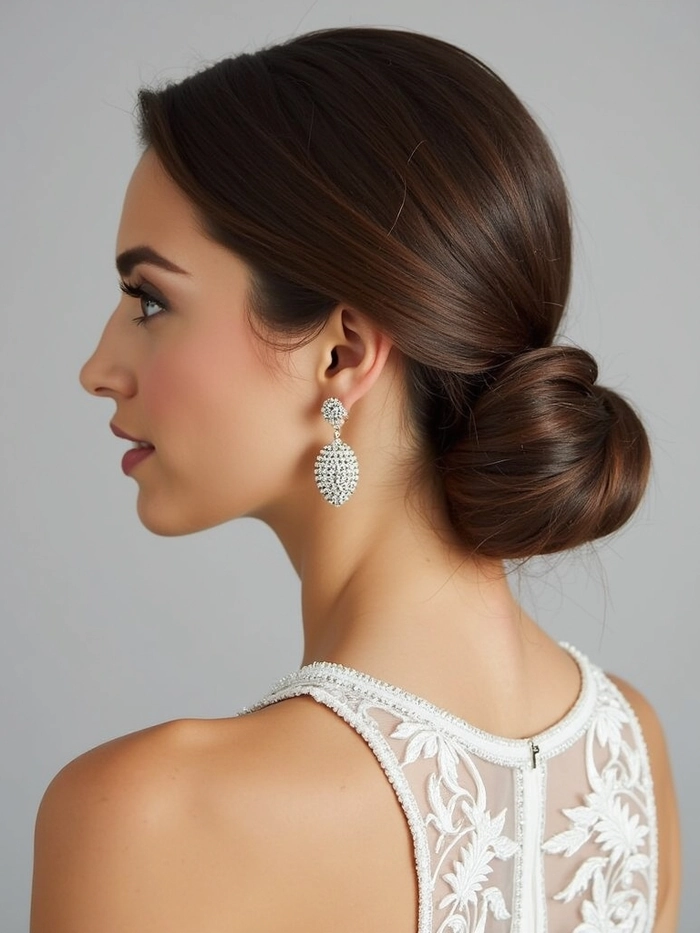 A sophisticated updo that meets the dress code for a memorable date night at a fine dining establishment Elegant chignon hairstyle with subtle waves for a fancy restaurant dress code