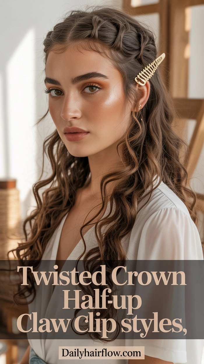 Half up style with a twisted section secured by a large claw clip, ideal for date night