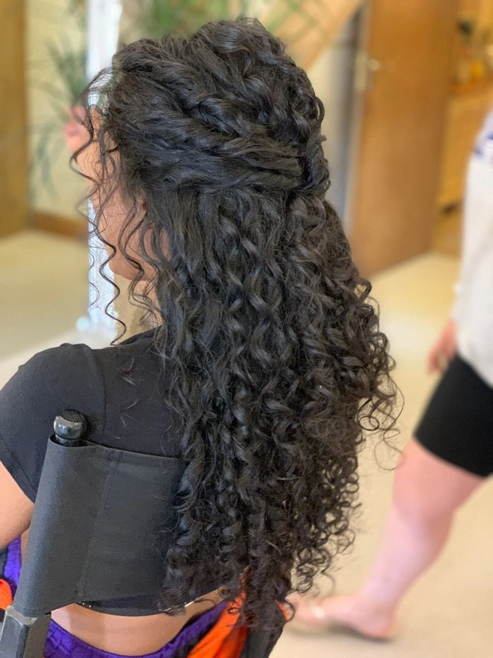 Curly half up hairstyle for anniversary date night