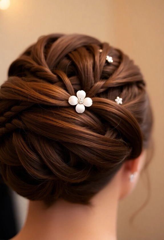 advanced evening updo hairstyle with delicate detailing for formal occasions Elegant intricate updo with twisted braids and pearl pins for a special date night