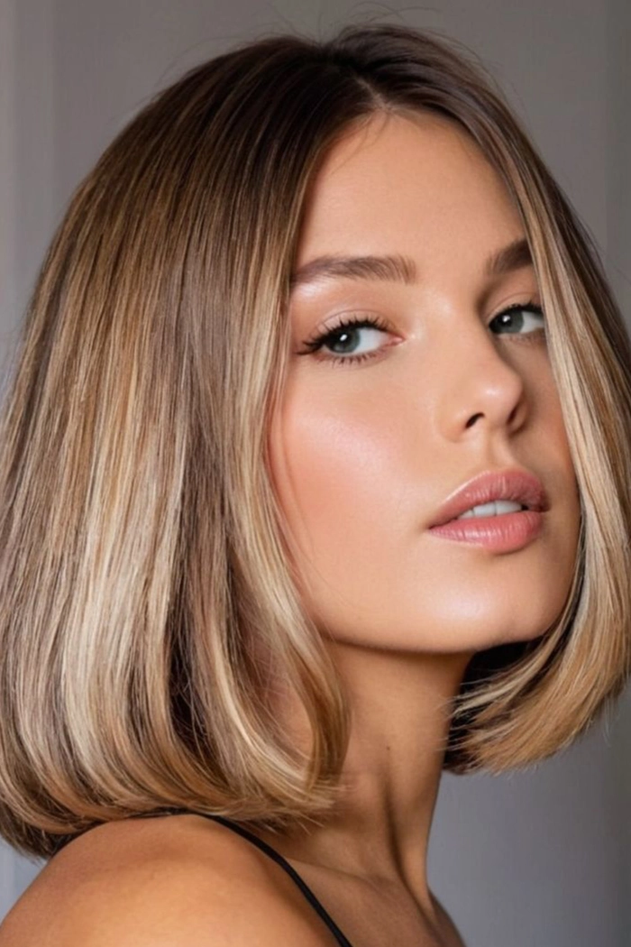 Elegant sleek middle part straight hair perfect for an evening dinner out Woman with sleek middle part straight hair styled for a dinner date