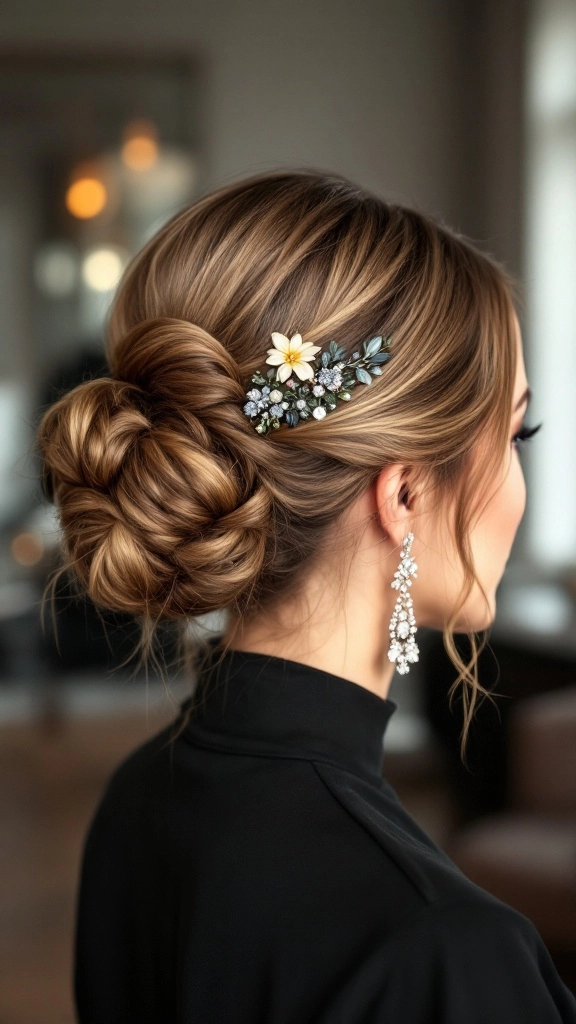 Elegant chignon hairstyle with sparkling jeweled hair combs for a date night look