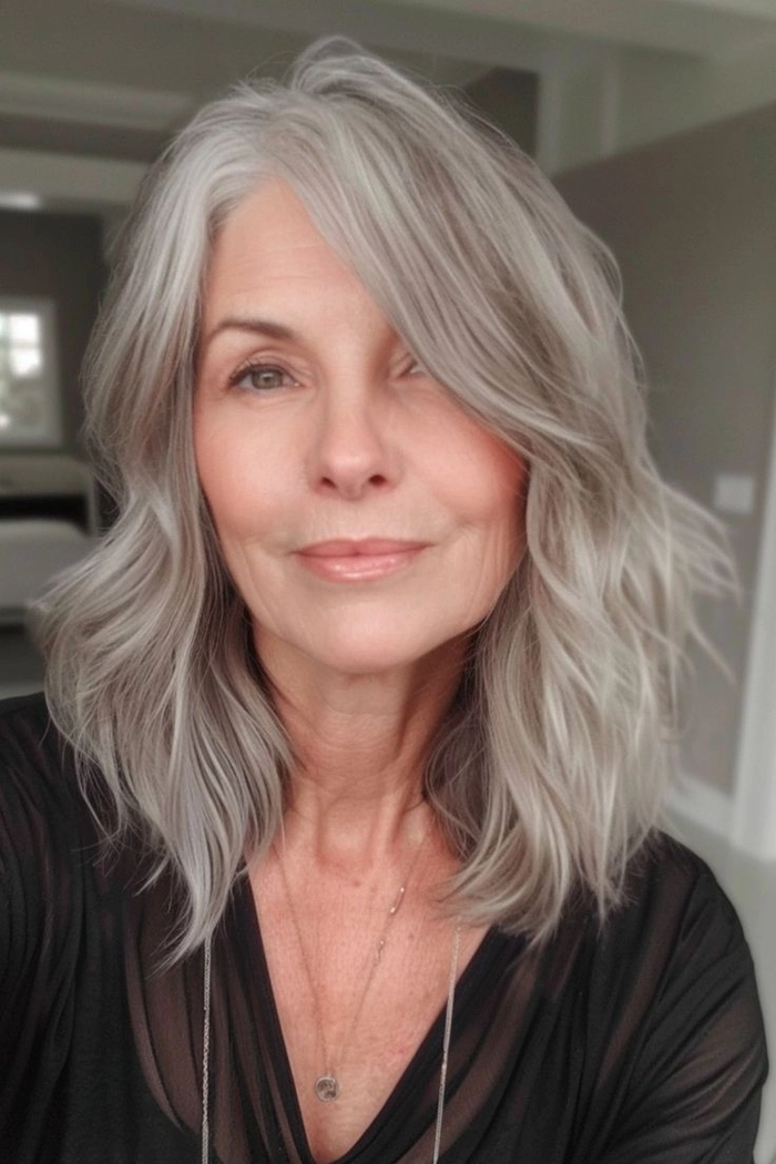 Elegant silver-haired woman with soft curls for a date night look
