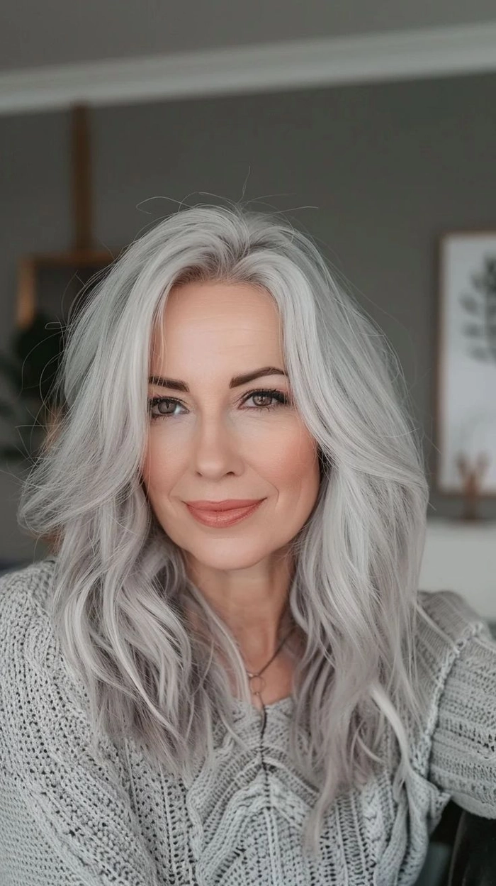 A woman with elegant silver and gray hair styled for a romantic date night