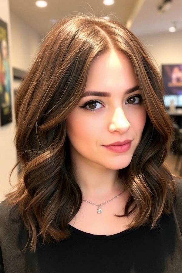 Lob hairstyle featuring romantic waves styled for elegant cocktail evening dates Long layered bob with soft romantic waves perfect for cocktail evening date nights