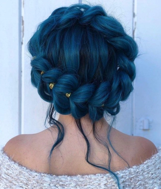 Stylish fantasy hair updo with vivid rainbow streaks for a romantic evening out Elegant evening updo with vibrant neon pink and blue strands, perfect for a date night look