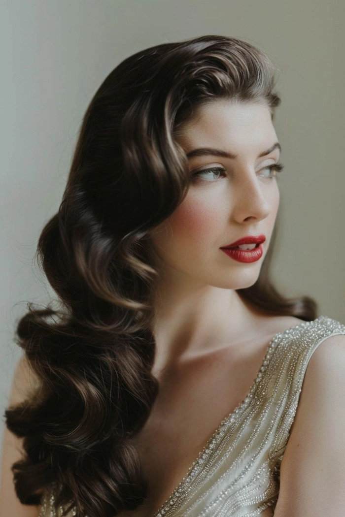 Elegant vintage Hollywood waves perfect for an anniversary dinner date Woman with vintage Hollywood waves hairstyle for anniversary dinner