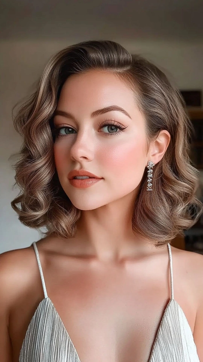 Date Night Hair: Romantic Lob Waves for Cocktail Evenings Lob with soft romantic waves styled for an elegant cocktail evening out
