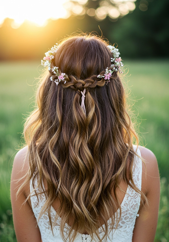 Boho chic braided crown hairstyle perfect for outdoor dates Woman wearing a boho chic braided crown hairstyle for an outdoor date