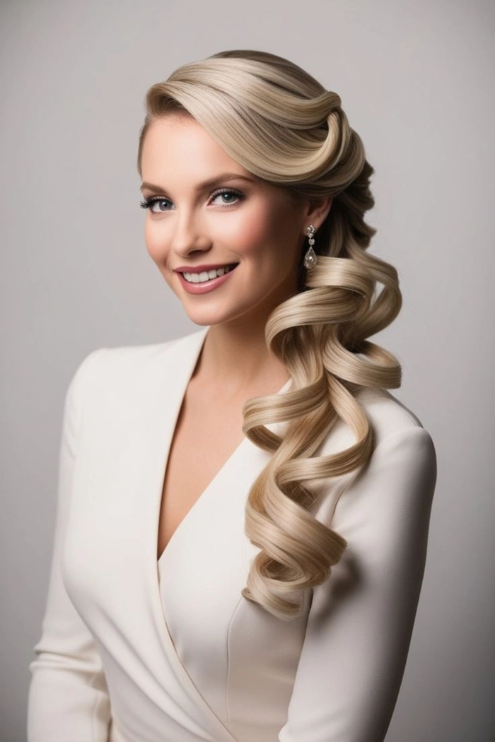 Glamorous Side Swept Curls - Date Night Hair Inspiration for Valentine's Day glamorous side swept curls cascading over one shoulder for a romantic Valentine's Day date night look