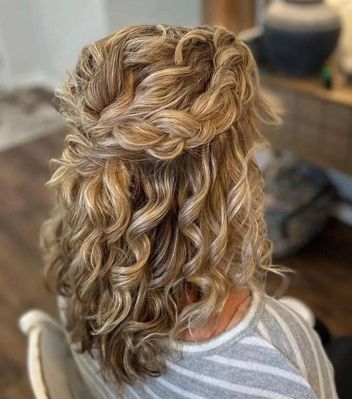 Curly half up hairstyle for anniversary date night