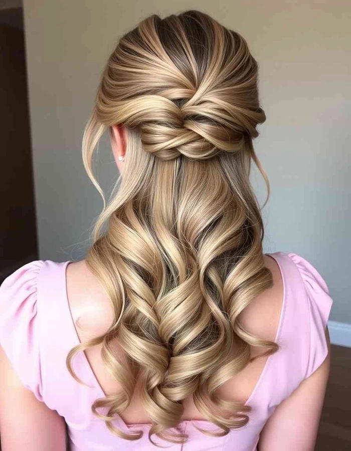 A woman with glamorous side swept curls styled for a Valentine's Day date night
