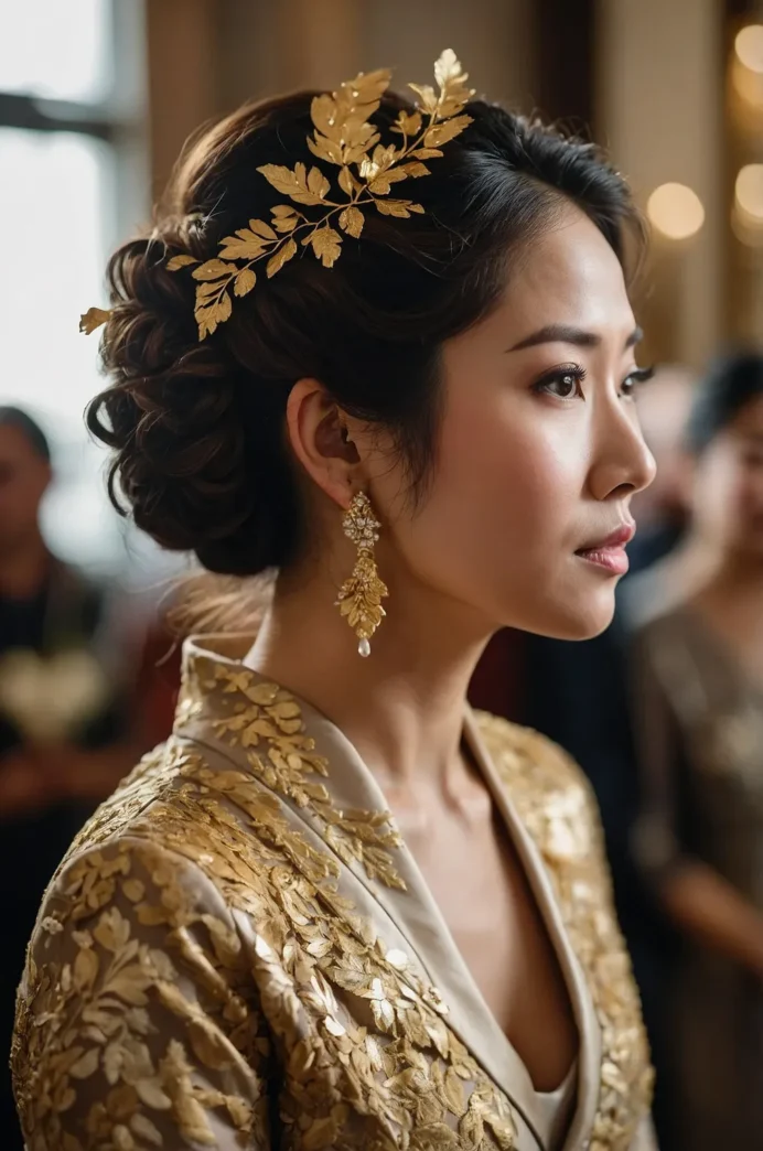 Elegant Asian hair swept into a sleek evening updo for a date night look