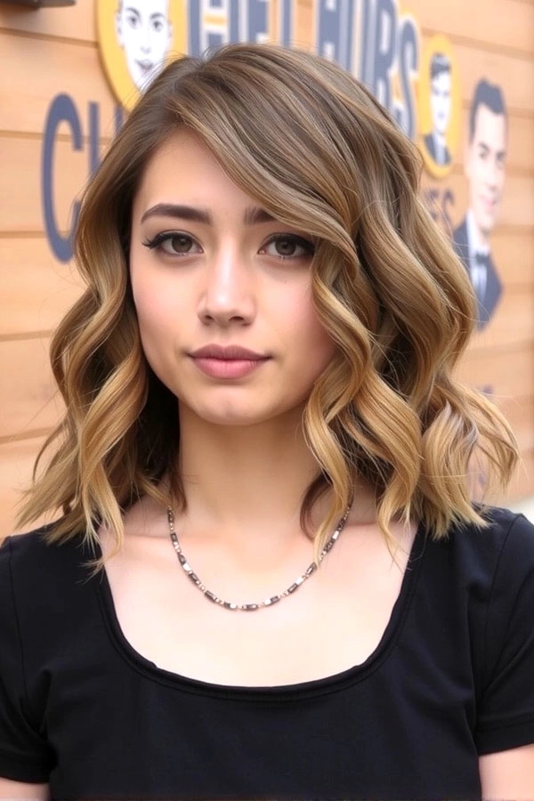 Romantic lob waves for an elegant cocktail evening hairstyle A woman with a long bob haircut styled in soft romantic waves, suitable for cocktail evenings